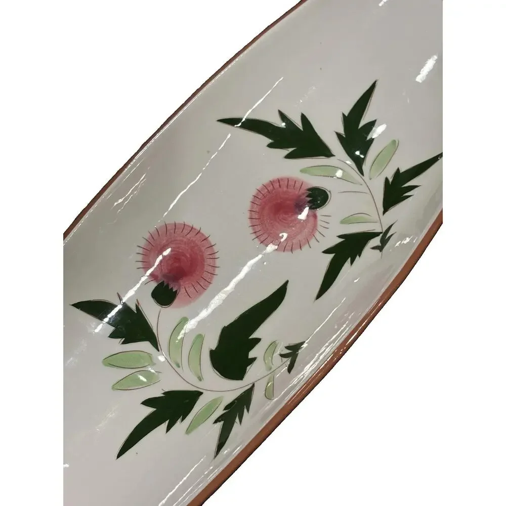 Vintage Stangl Pottery Thistle Footed Bread Tray Pink Green Floral USA 15.25”